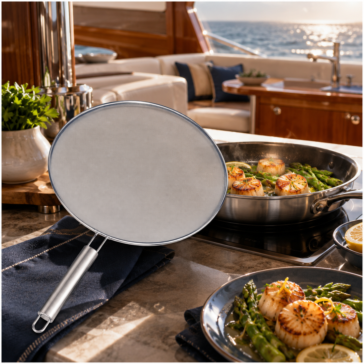 Stainless Steel Splatter Screen with Easy-Grip Handle – 33cm
