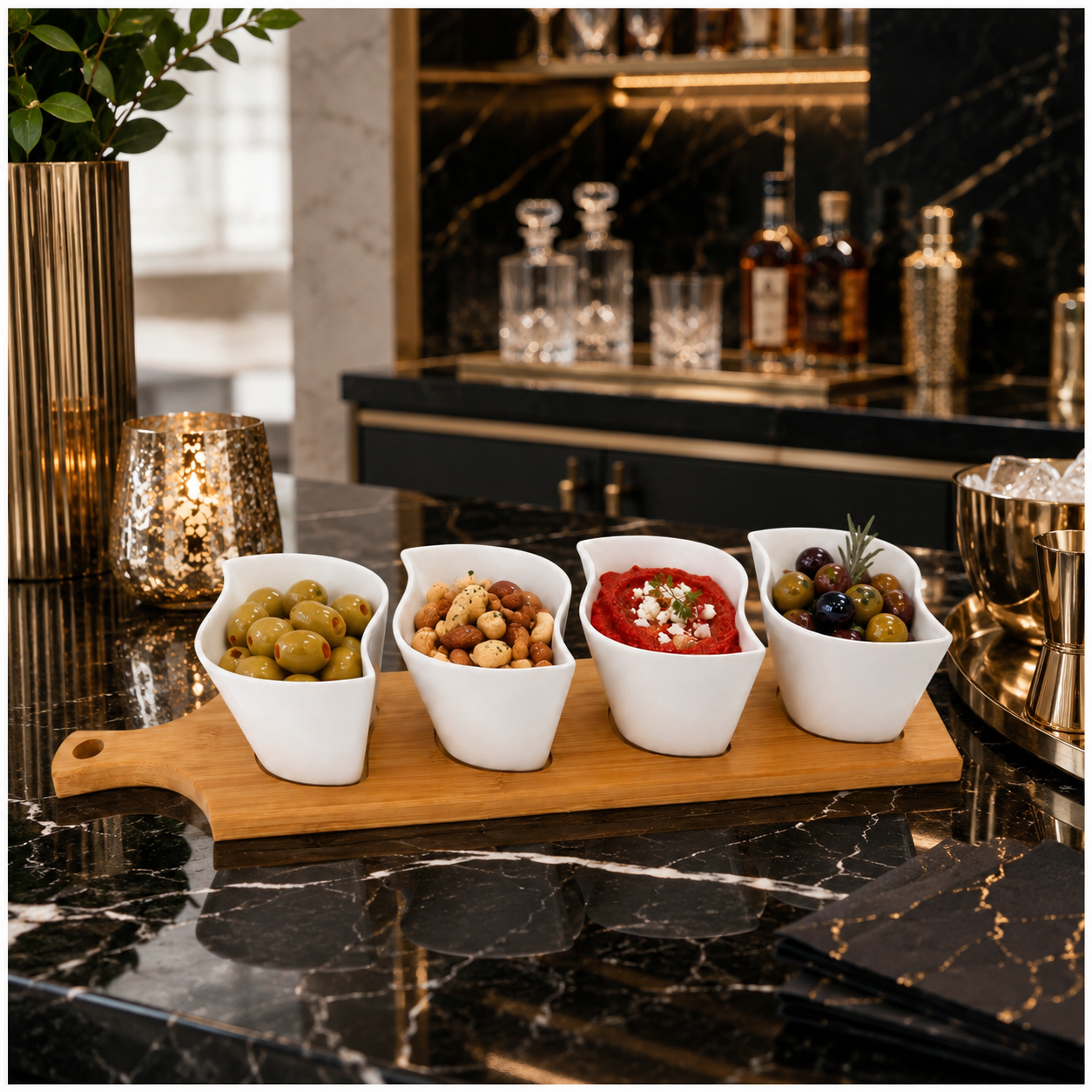 Elegant Ceramic Dipping Bowl Set with Bamboo Serving Paddle Board –
