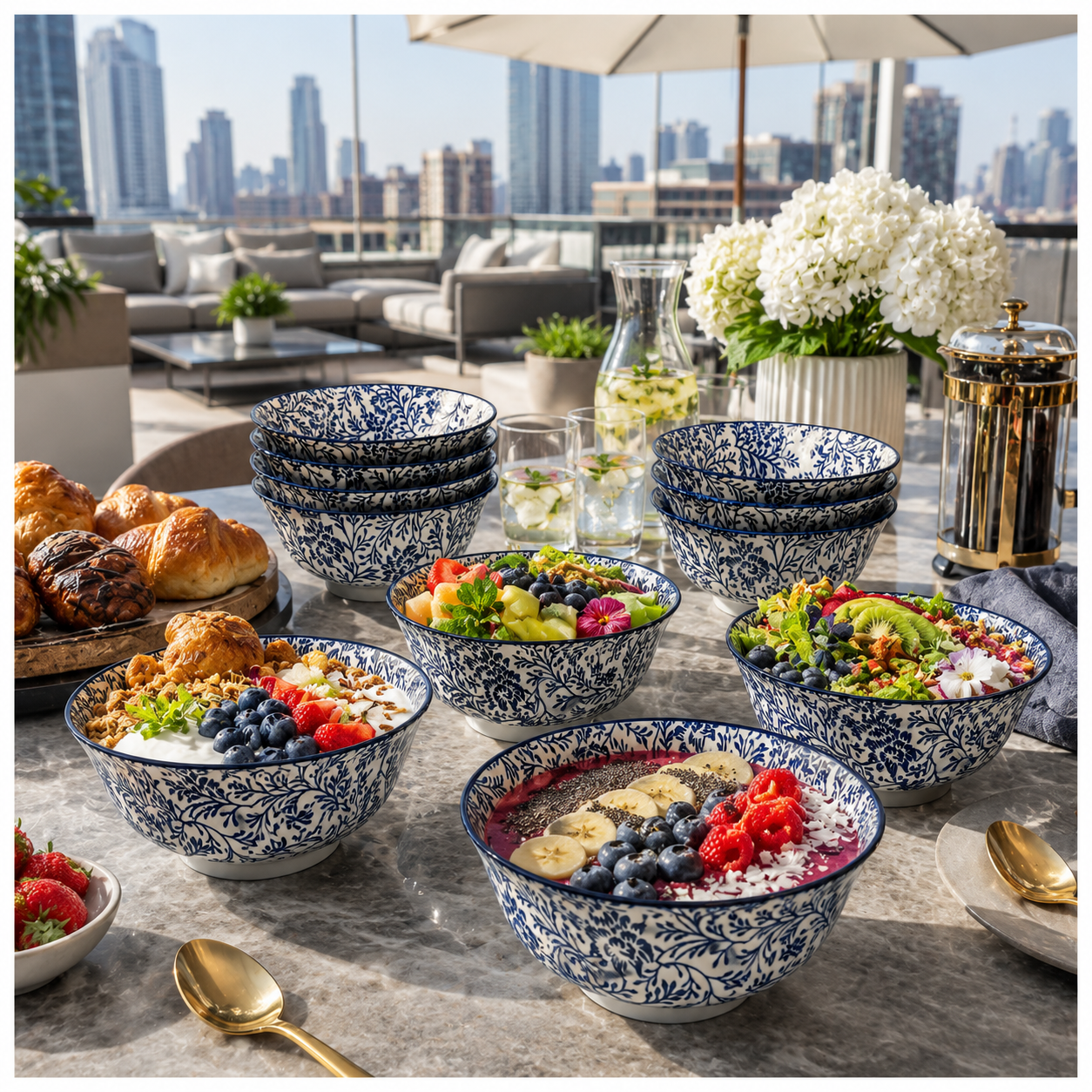 Elegant 10-Piece Blue White Porcelain Bowl Set - Beautiful Floral Serveware