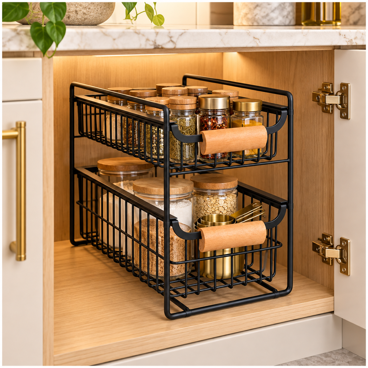 2-Tier Iron Drawer Organiser with Beechwood Handles for Convenient Storage