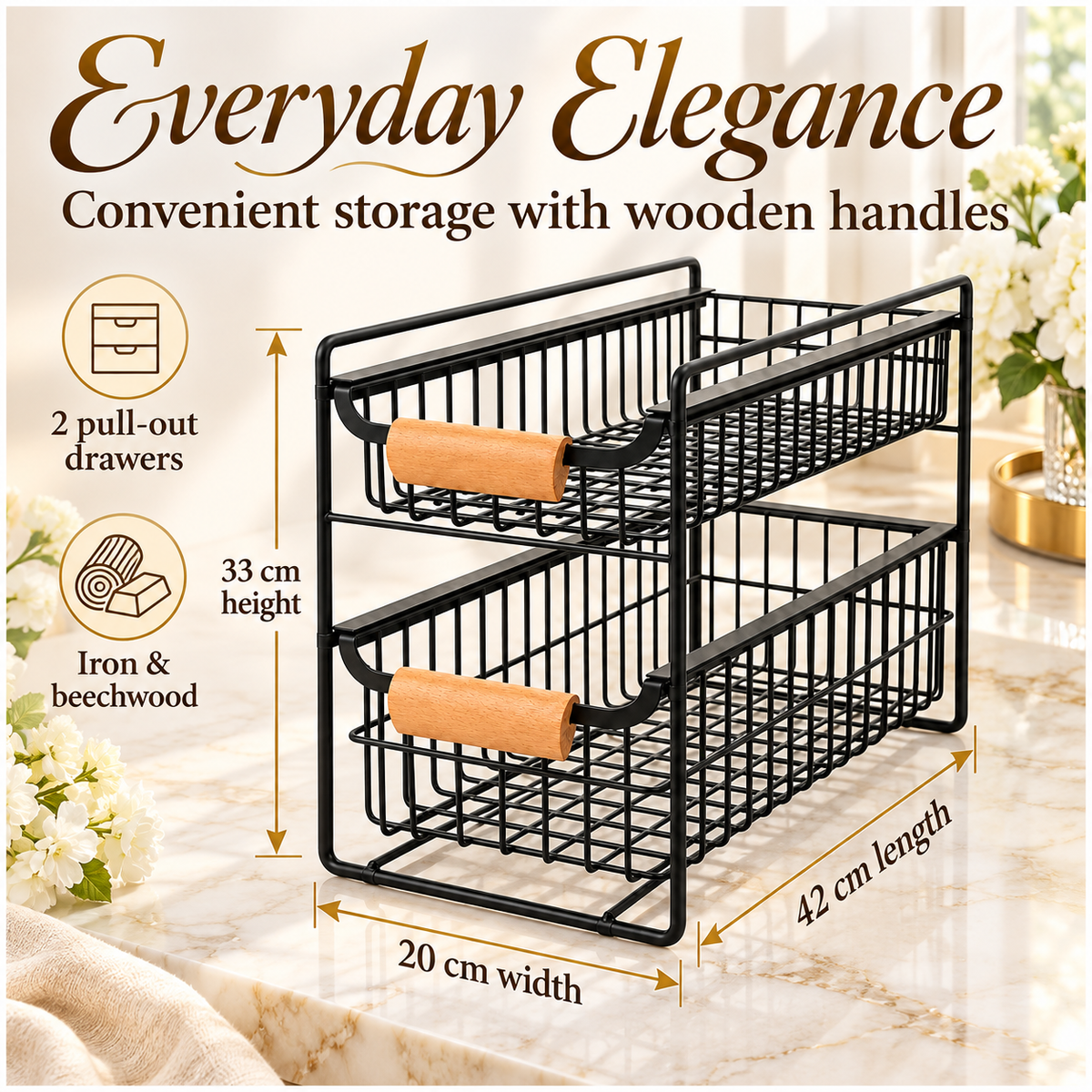2-Tier Iron Drawer Organiser with Beechwood Handles for Convenient Storage