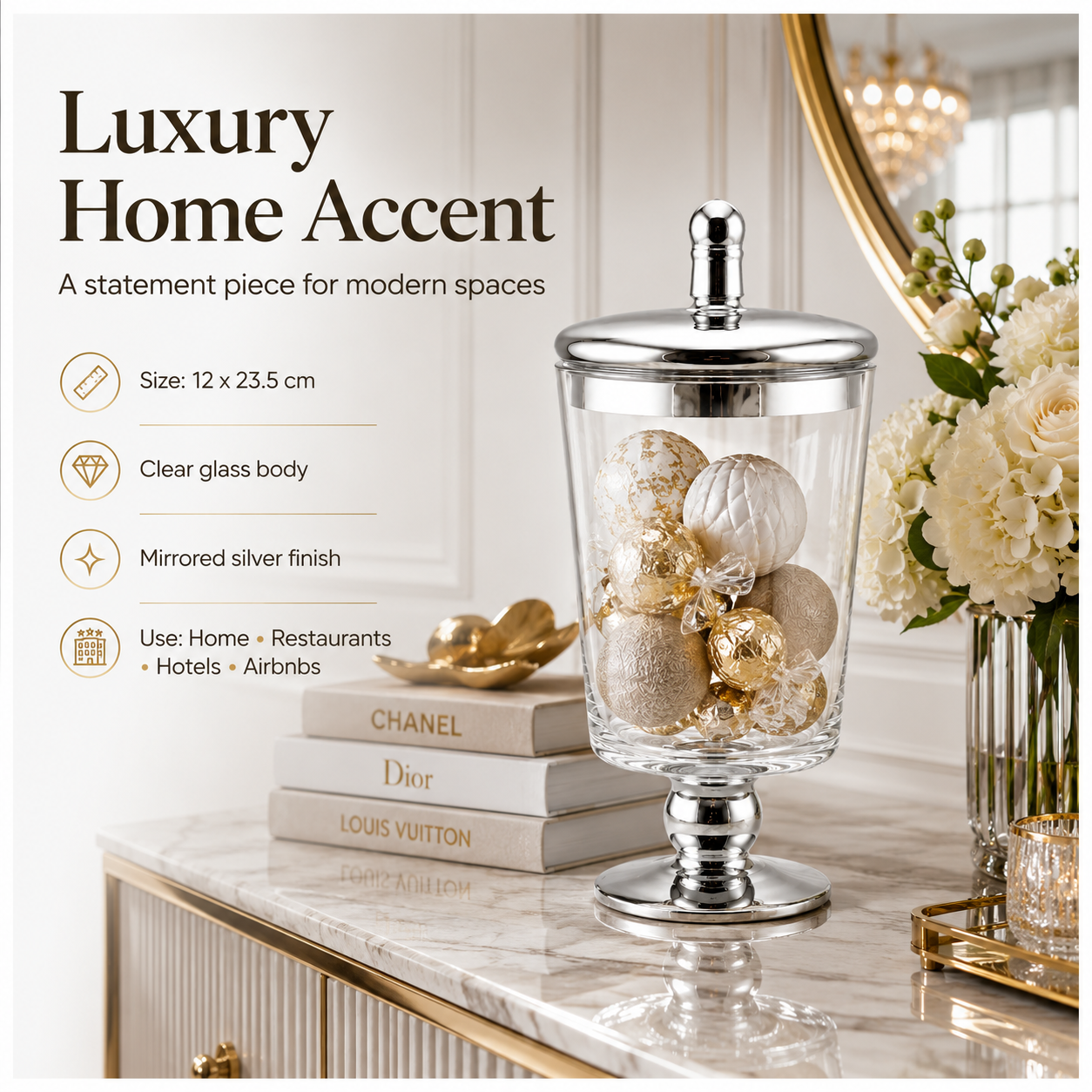 Elegant Decorative Glass Jar with Mirrored Silver Lid and base – 23.5cm
