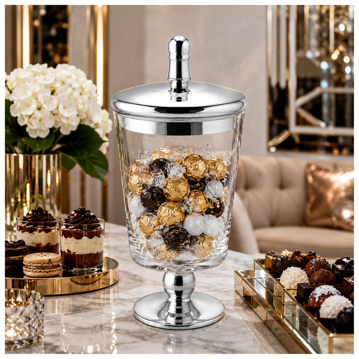 Elegant Decorative Glass Jar with Mirrored Silver Lid and base – 23.5cm