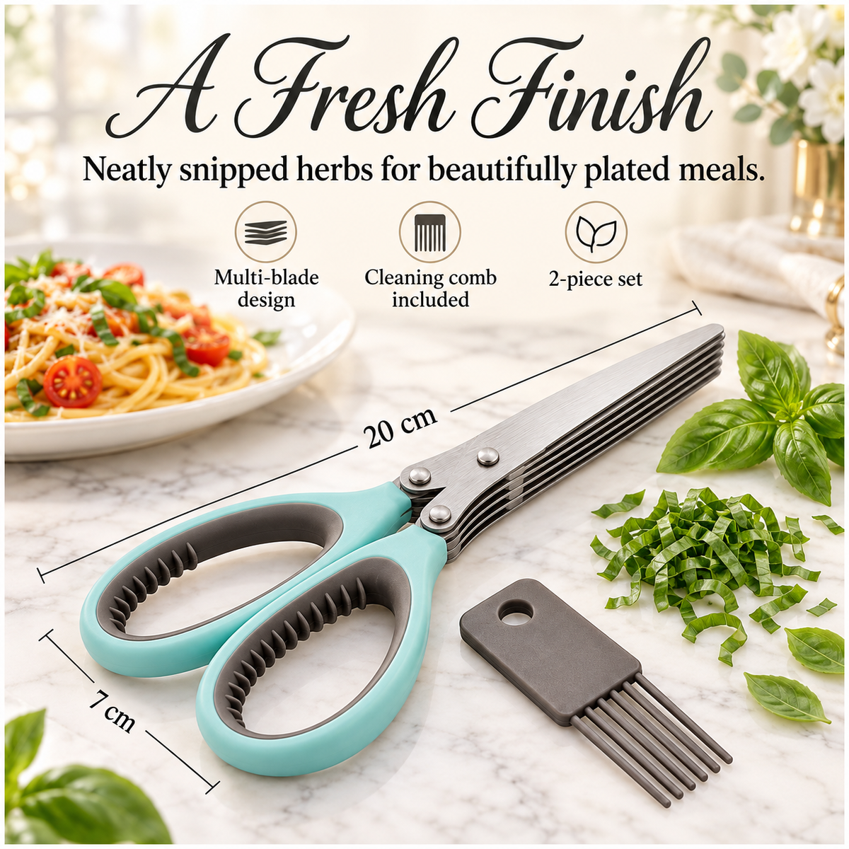 Multi-Blade Herb Scissors and Cleaning Comb Set-2 Piece ,Blue and Grey-20cm