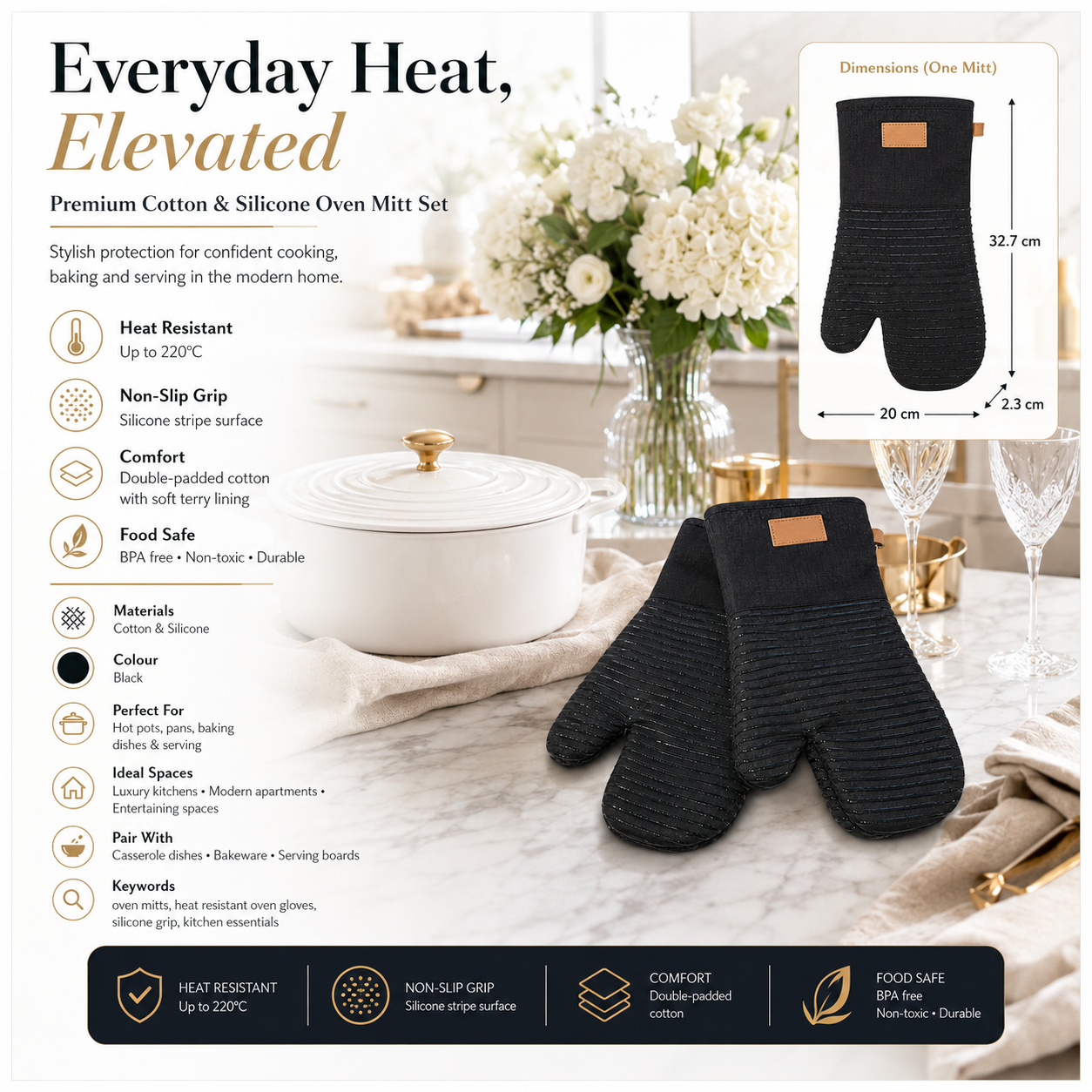 BPA Free -Heat Resistant Cotton Silicone Oven Mitts -Double Padded-Non Slip