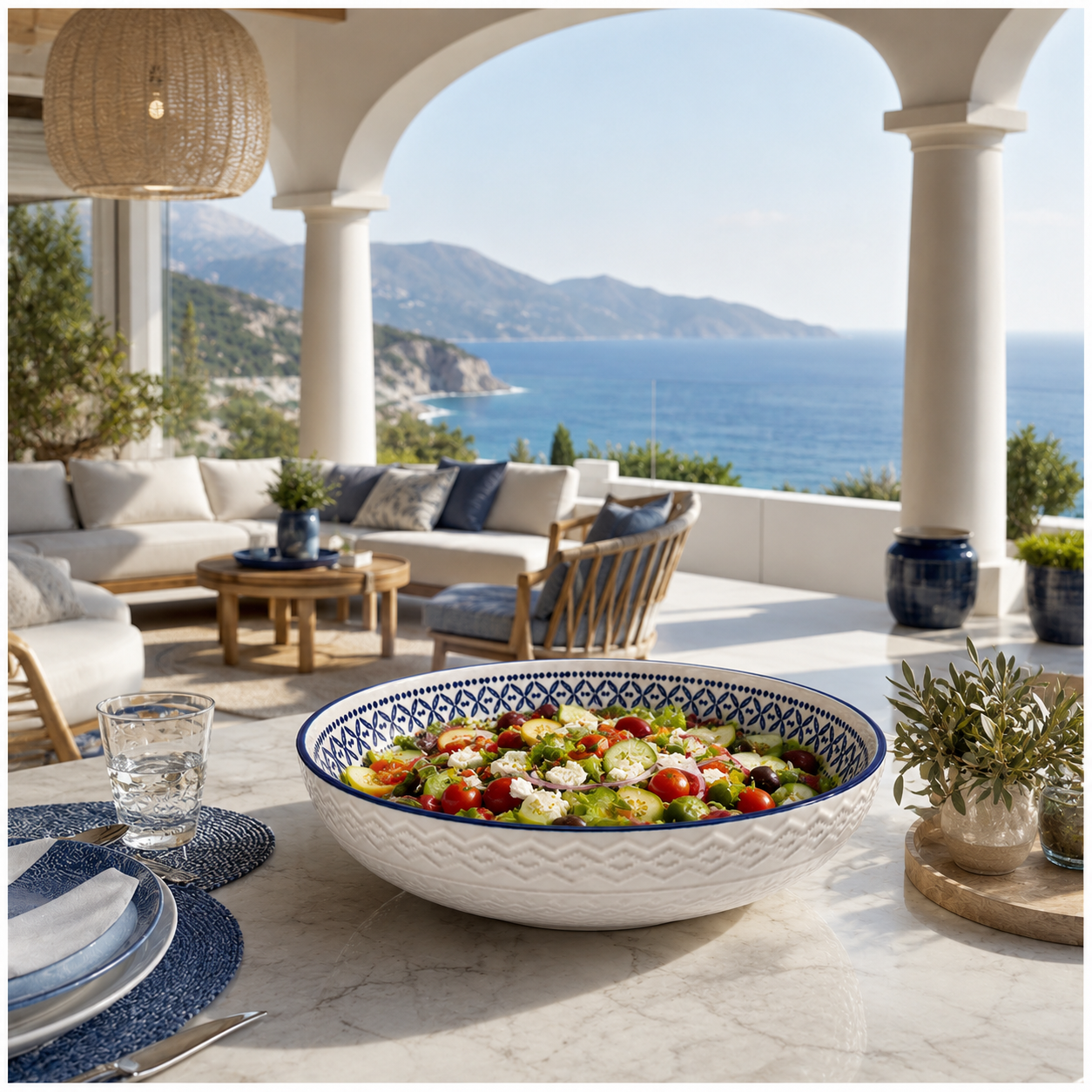 Luxury Large Ceramic Salad Serving Bowl 31cm–Navy and White -Floral Design