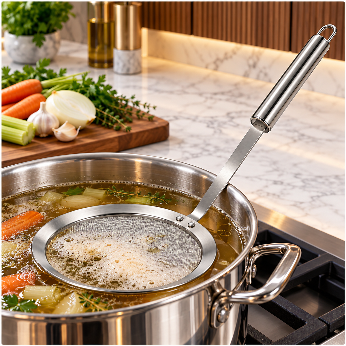 Stainless Steel Fine Mesh Strainer and Skimmer - Long Round Handle Silver