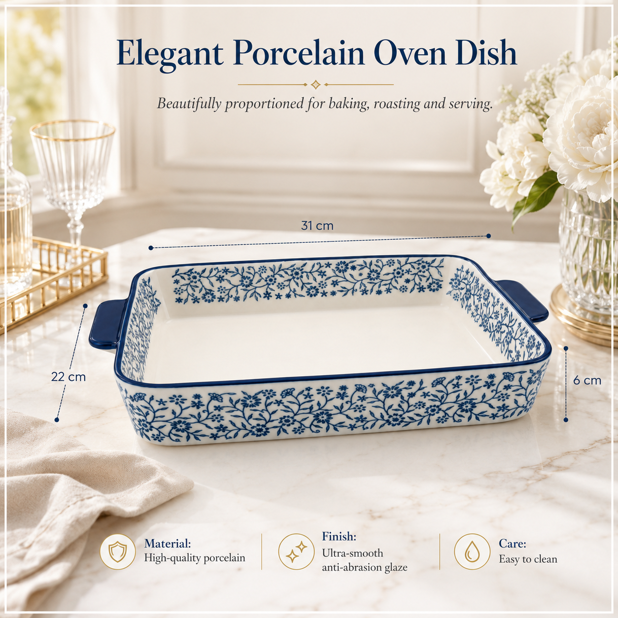 Premium White-Blue Porcelain Rectangular Casserole Dish -Serving Dish -31cm
