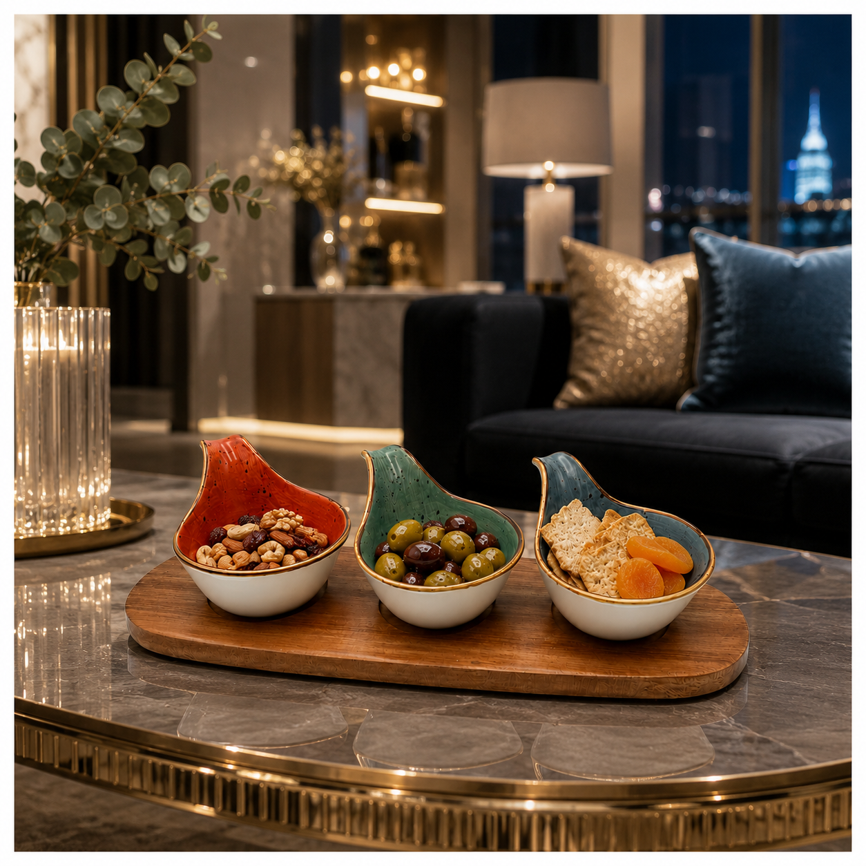 Elegant 3-Piece Ceramic Snack Bowl Set with Acacia Wood Serving Board
