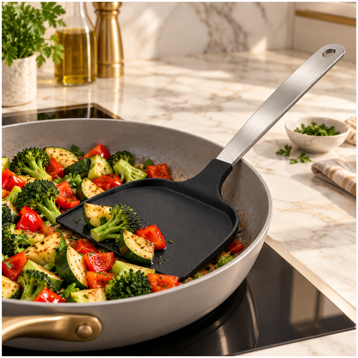 Wide Pancake Turner Spatula–Flexible Head and Stainless Steel Handle, 32 cm