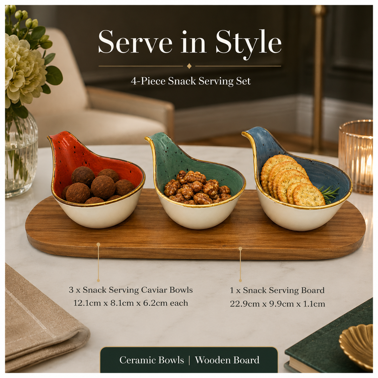 Beautiful 4-Piece Ceramic Snack Serving Bowl Set with Acacia Wood Board