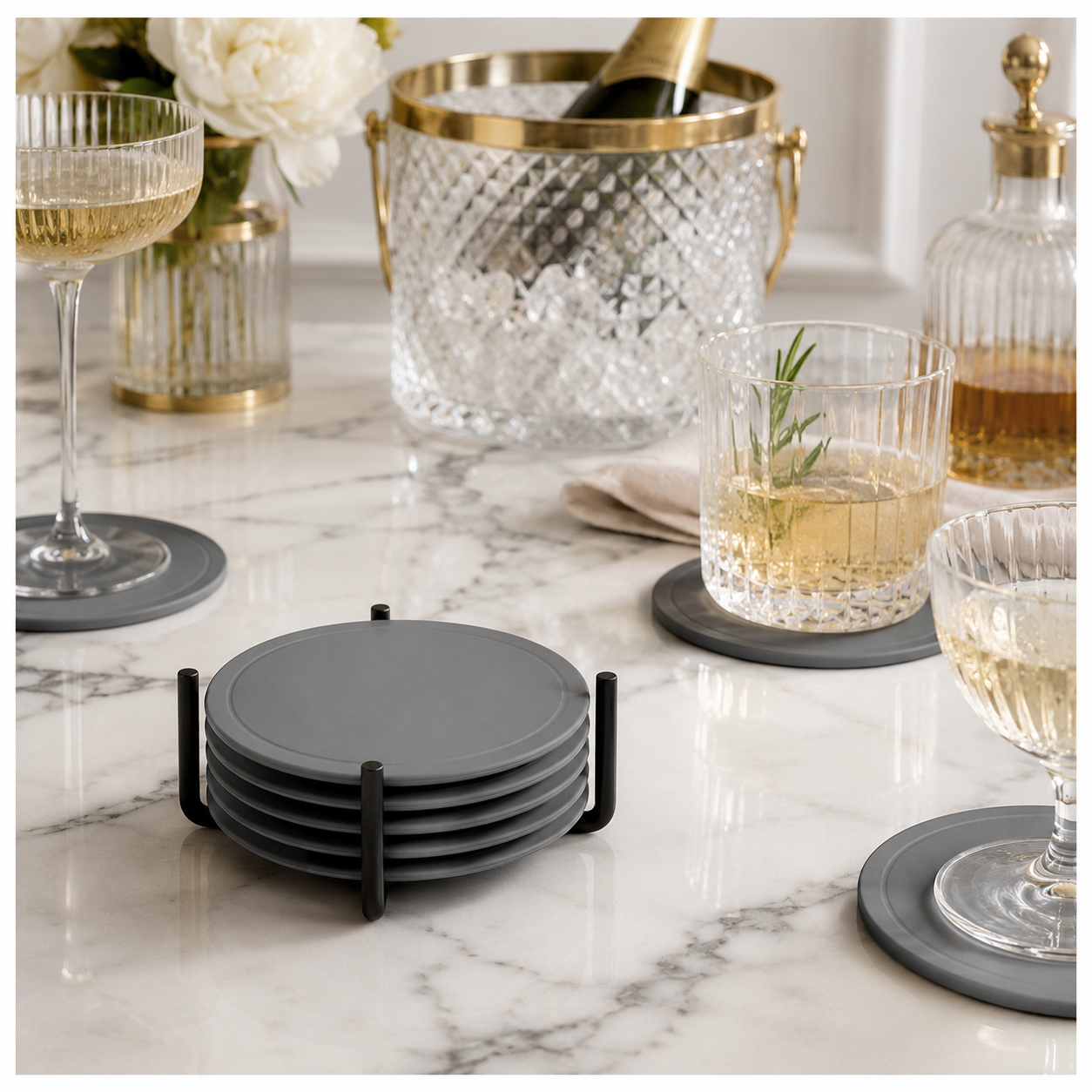 Grey Silicone Drink Coaster Set with Space - 6 Piece Set With Metal Holder
