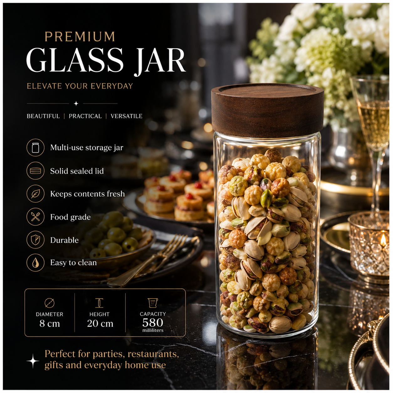 Set of 2 Borosilicate Sealed Glass Jars with Acacia Wood Lids – 580ml Each