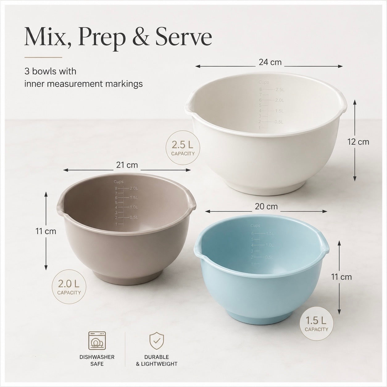 Essential 3-Piece Mixing Bowl Set - Built-In Measurements- 2.5L -2.0L -1.5L