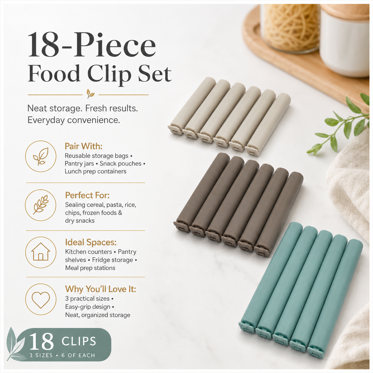 18-Piece Food Sealing Clip Set – 3 Sizes, Reusable Bag Clips for Preserving