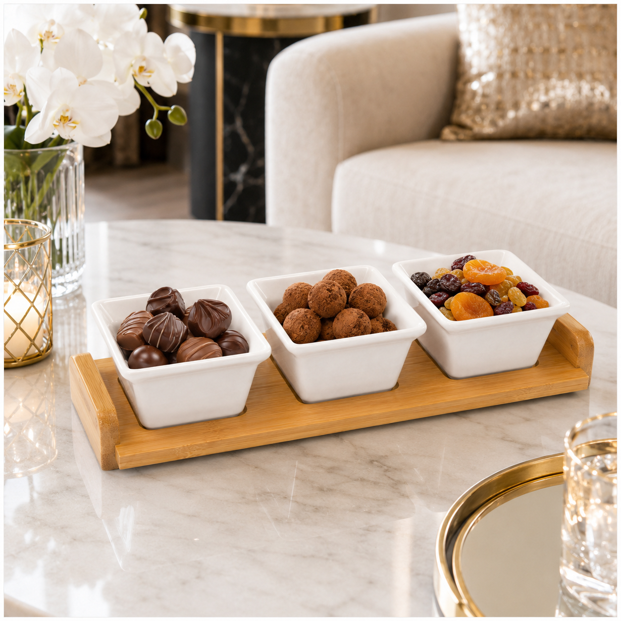 Elegant 4-Piece Ceramic Snack Serving Bowls with Bamboo Tray- 33 x 12 cm