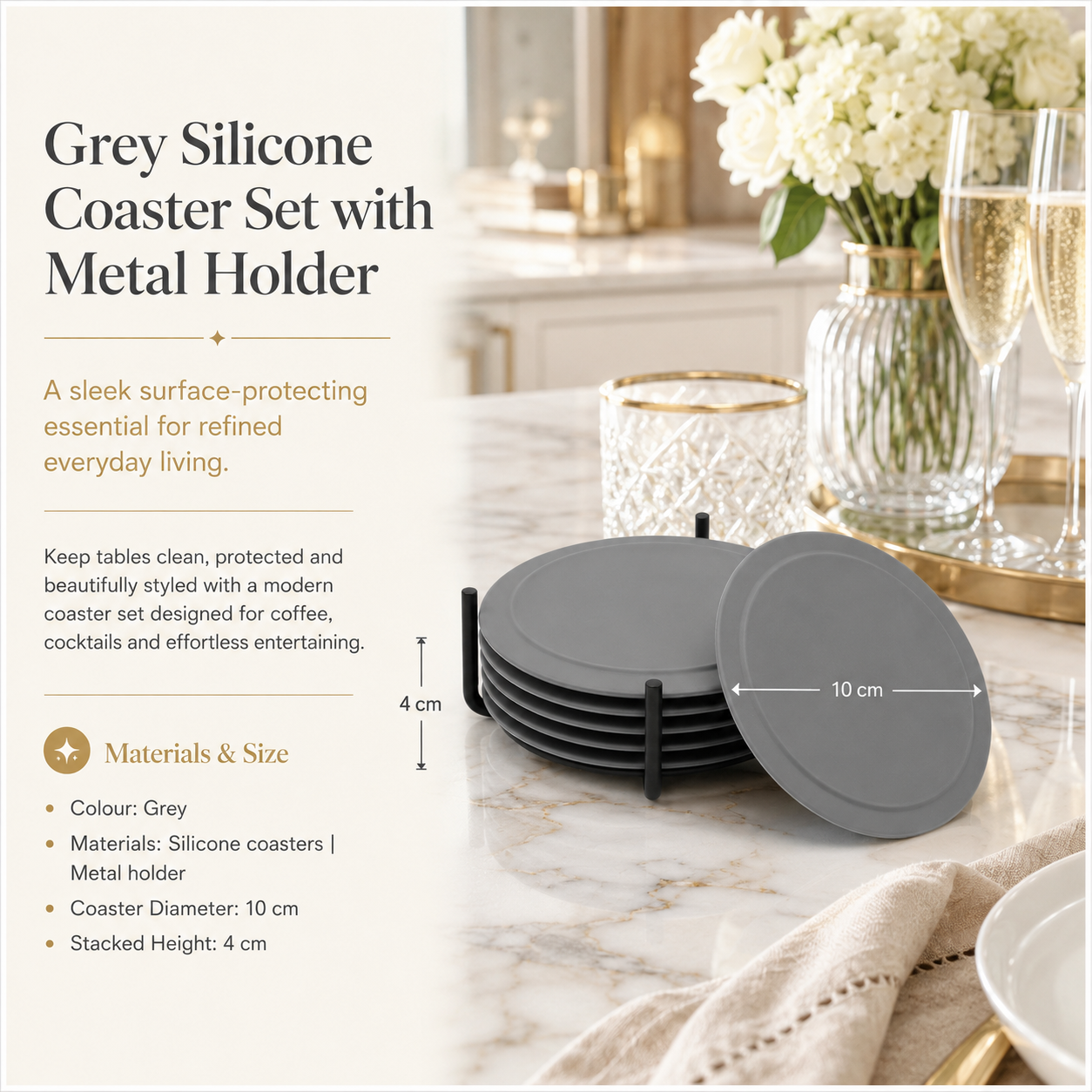 Grey Silicone Drink Coaster Set with Space - 6 Piece Set With Metal Holder