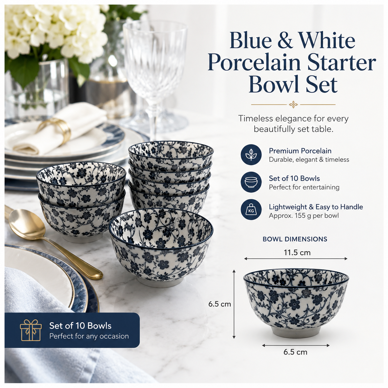 Elegant 10-Piece Blue and White Porcelain Starter Bowl Set