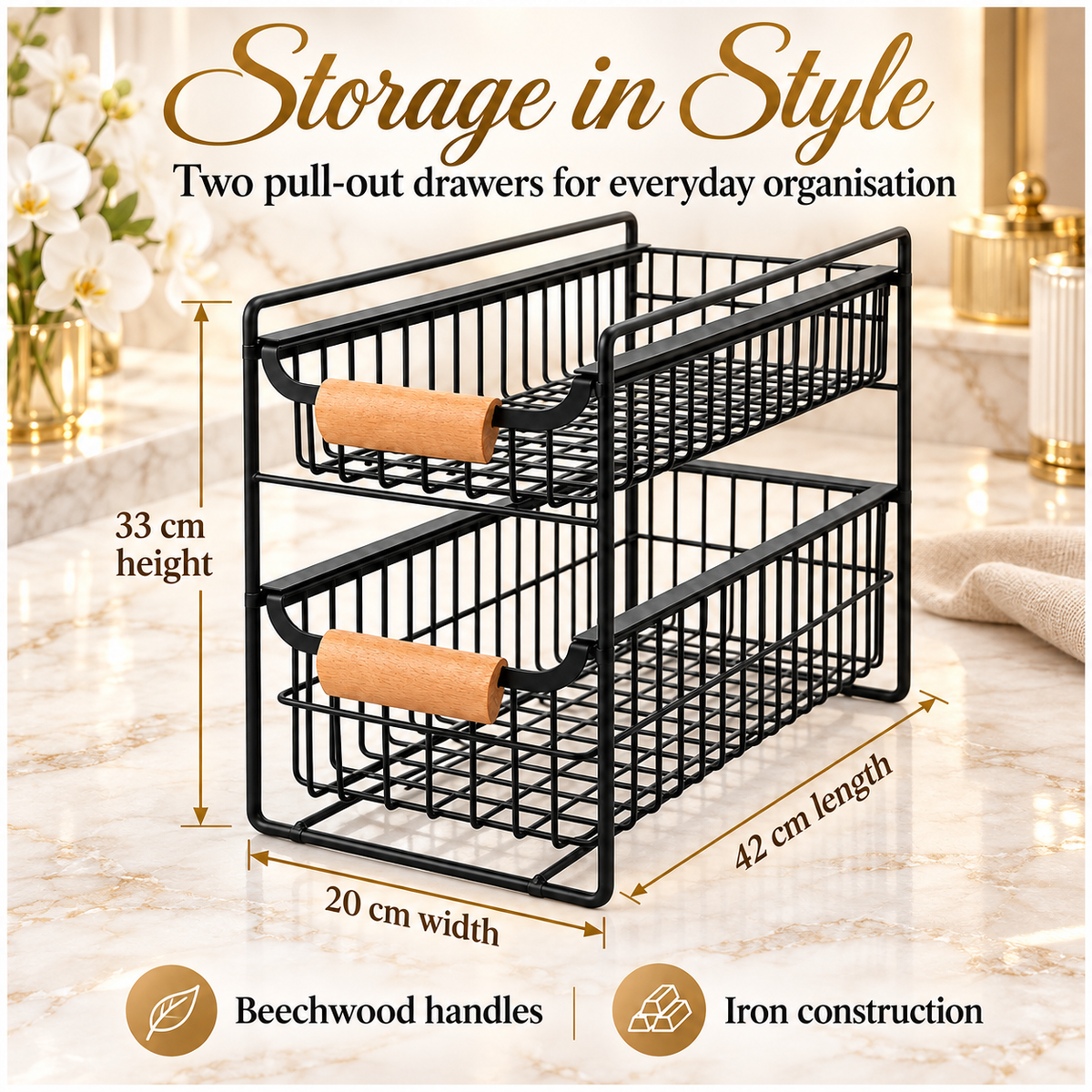 2-Tier Iron Drawer Organiser with Beechwood Handles for Convenient Storage