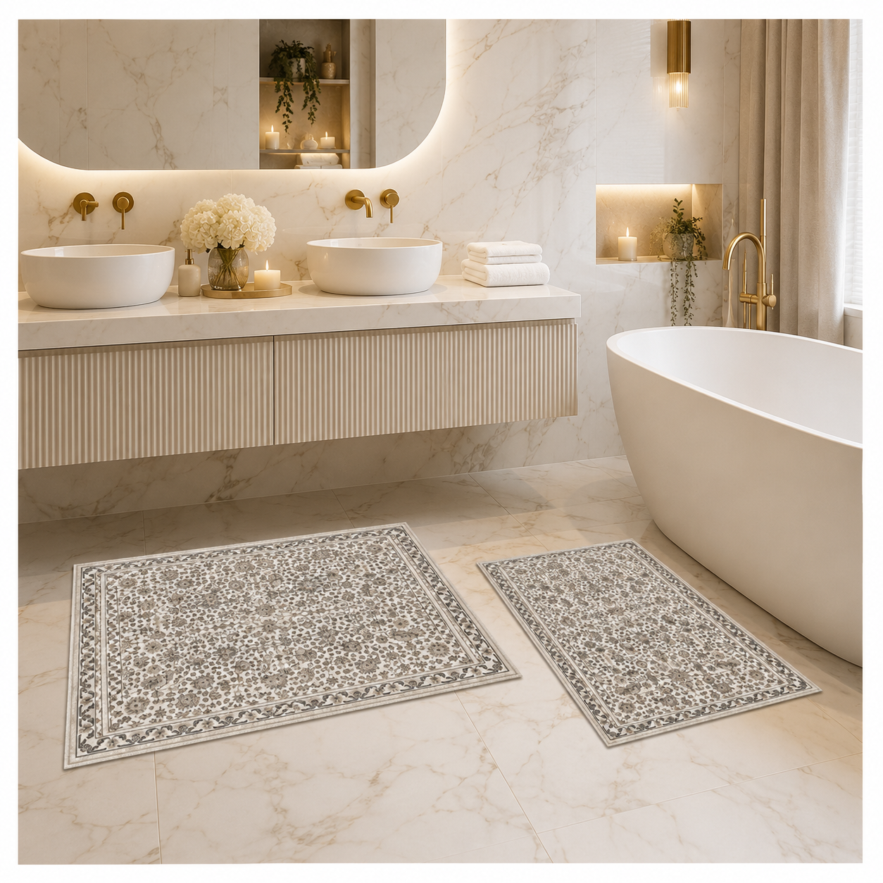 2-Piece Accent Persian Carpet Set–Charcoal Grey and Ivory-50x84cm-60x102 cm
