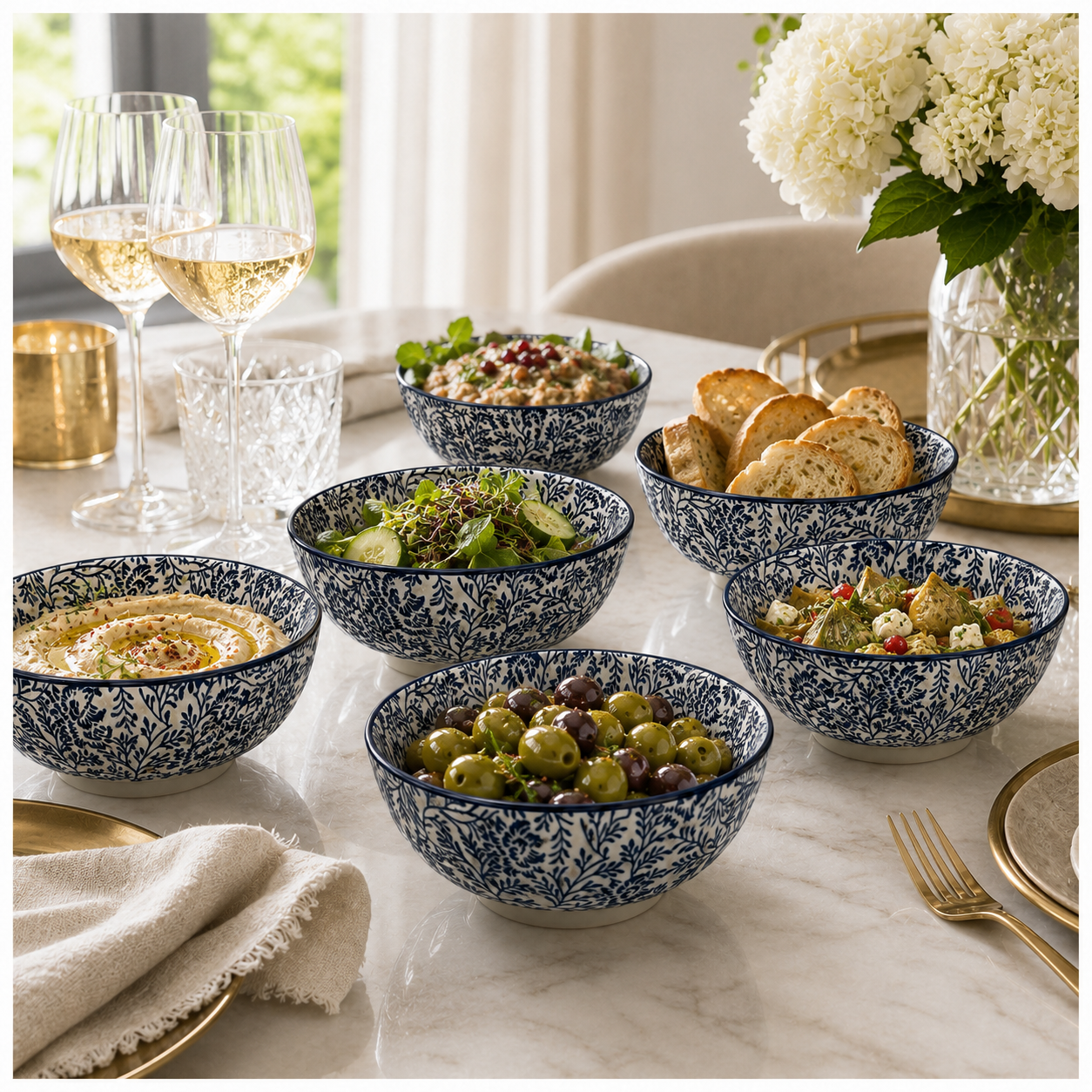 Elegant 8-Piece Blue Floral Porcelain Bowl Set – 13 cm