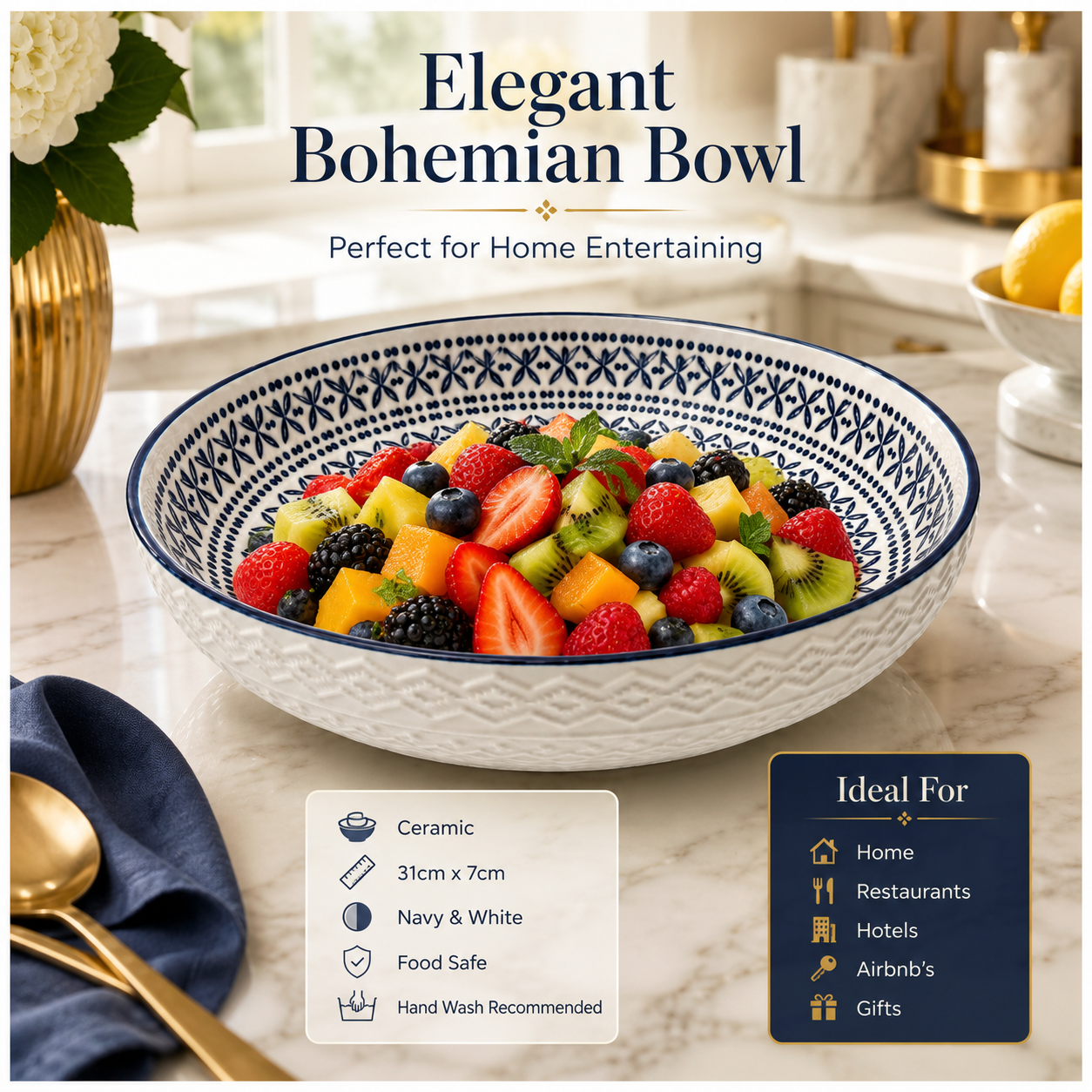 Luxury Large Ceramic Salad Serving Bowl 31cm–Navy and White -Floral Design