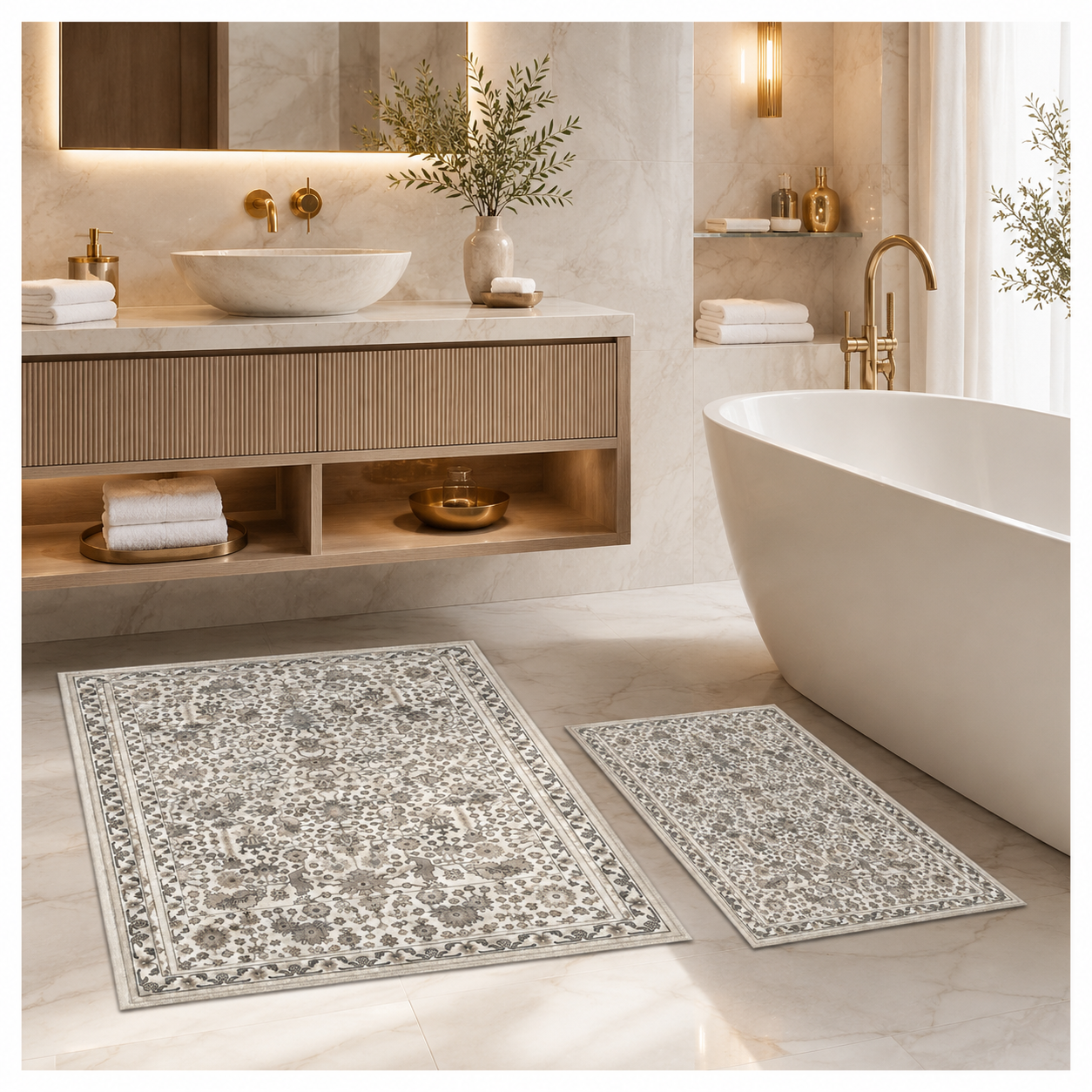 2-Piece Accent Persian Carpet Set–Charcoal Grey and Ivory-50x84cm-60x102 cm