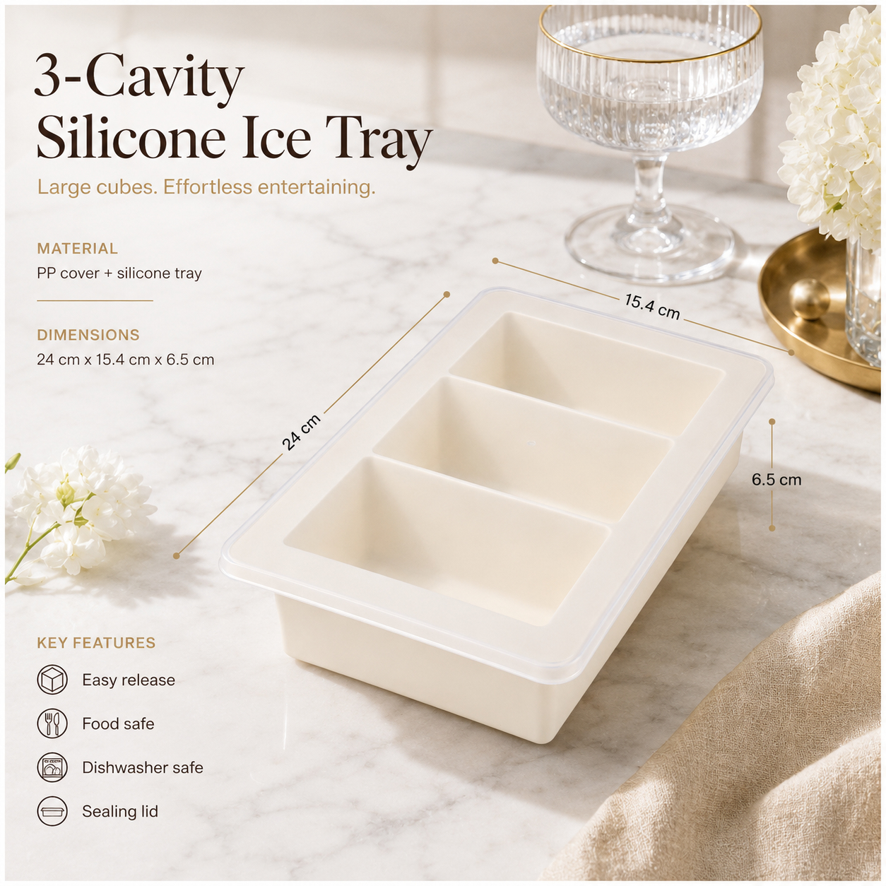 3-Cavity Silicone Ice Cube Tray with Sealing Lid – Cream - 24 cm