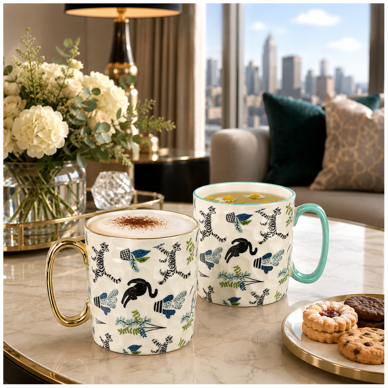 2-Piece Textured Porcelain Coffee Mug Set – 310ml Floral Cat Design