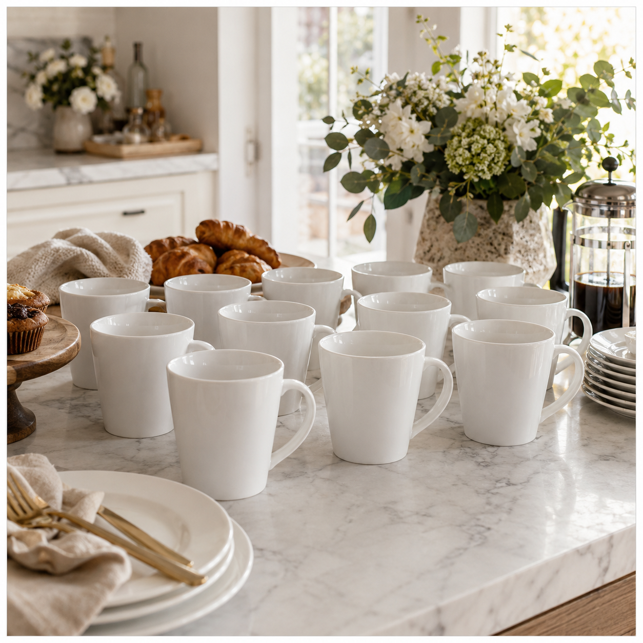 Essential 12-Piece White Fine Porcelain Coffee and Tea Mug Set