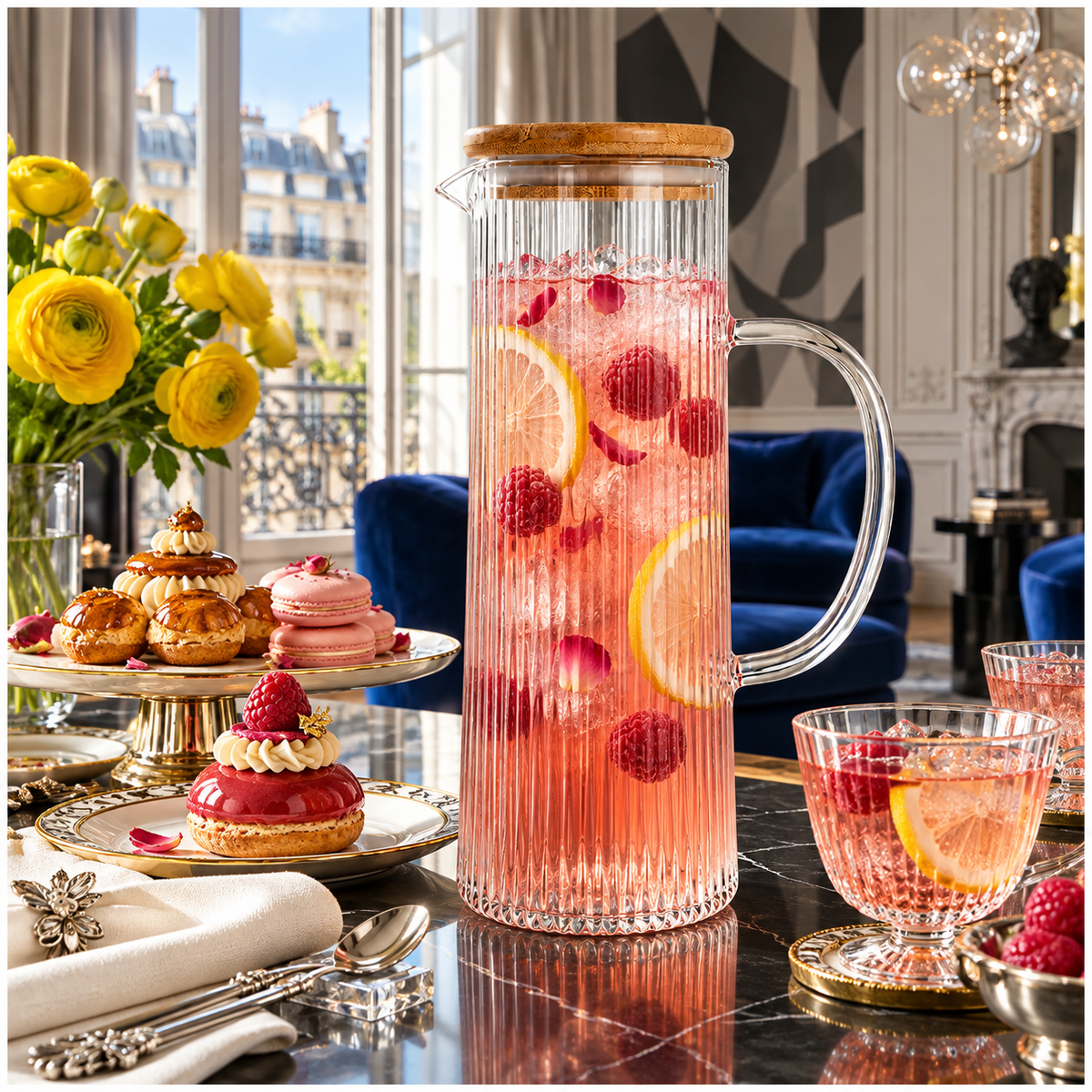 Elegant 1.2L Ribbed Crystal Glass Water Pitcher with Airtight Wooden Lid