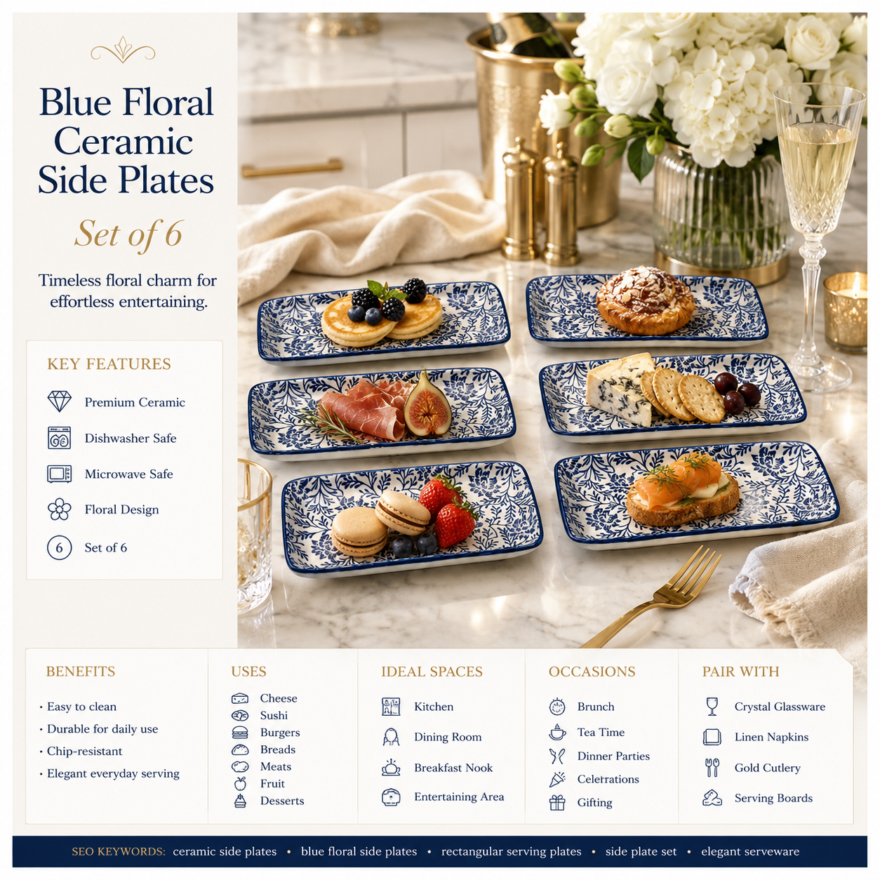 6-Piece Navy Floral Ceramic Side Plates for Luxe Hosting and Everyday Style