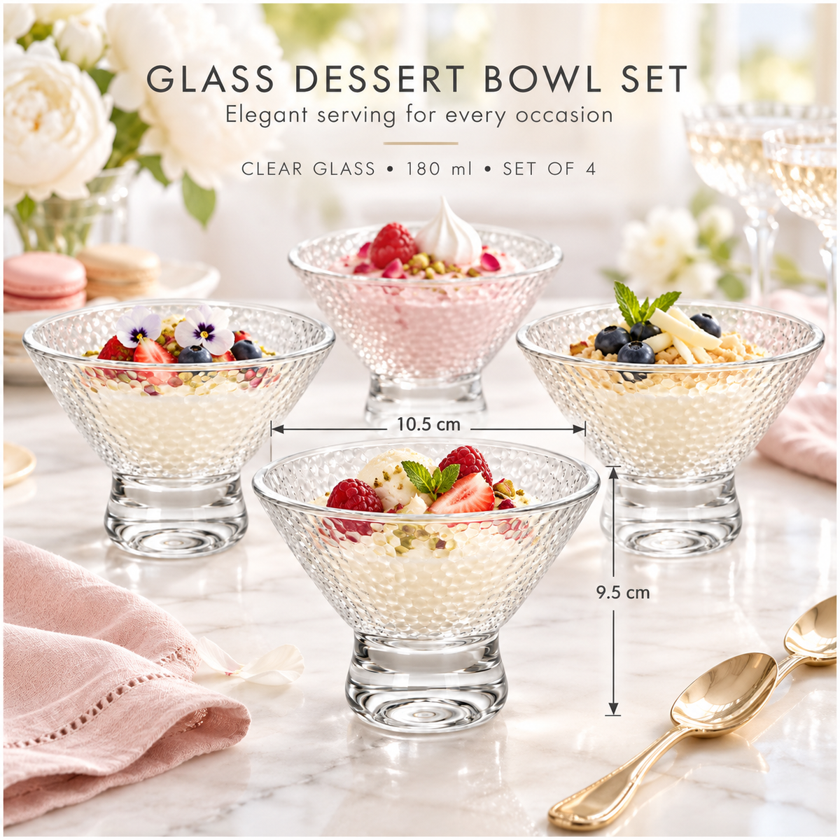 Elegant Glass Footed Dessert Bowls 180ml – Clear Textured Set of 4