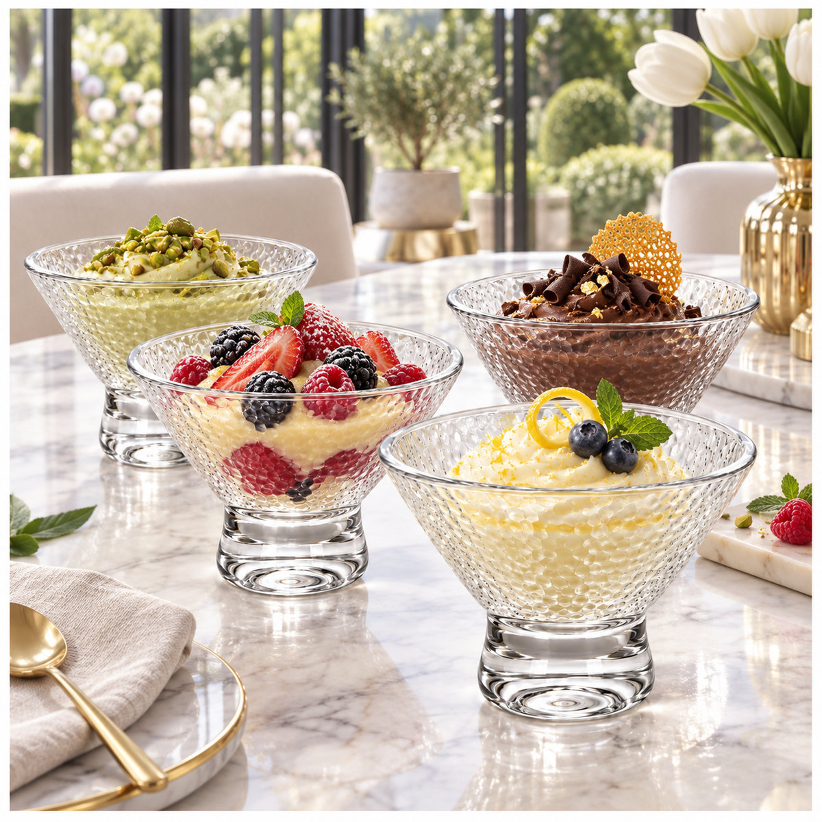 Elegant Glass Footed Dessert Bowls 180ml – Clear Textured Set of 4