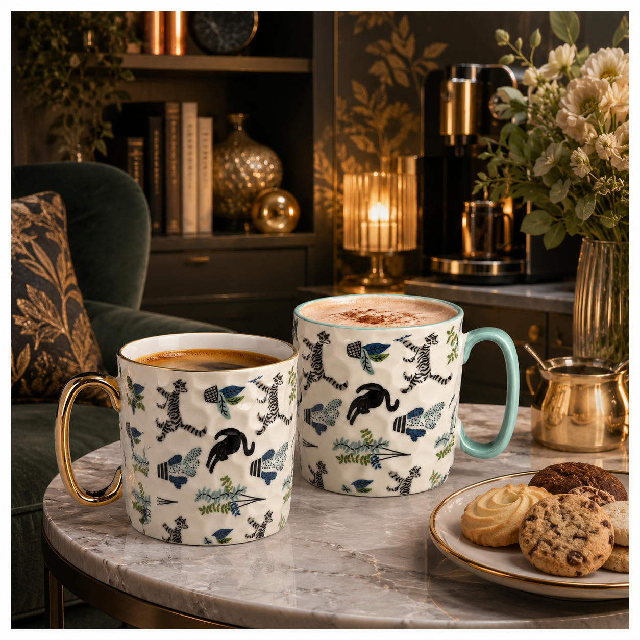 2-Piece Textured Porcelain Coffee Mug Set – 310ml Floral Cat Design