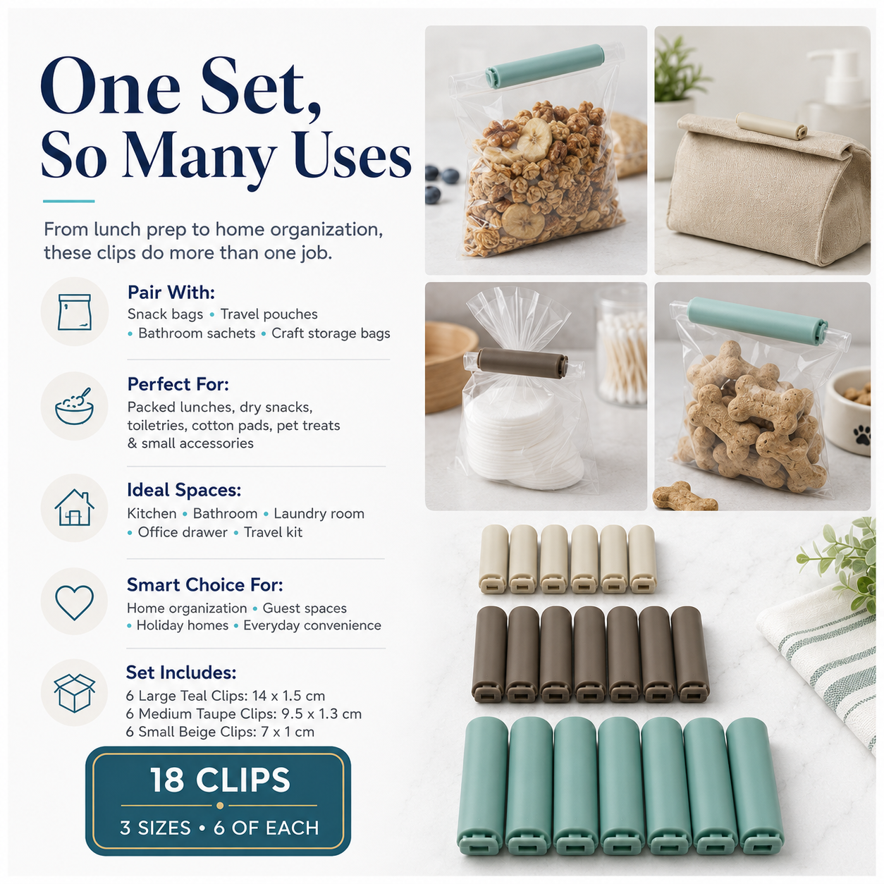 18-Piece Food Sealing Clip Set – 3 Sizes, Reusable Bag Clips for Preserving