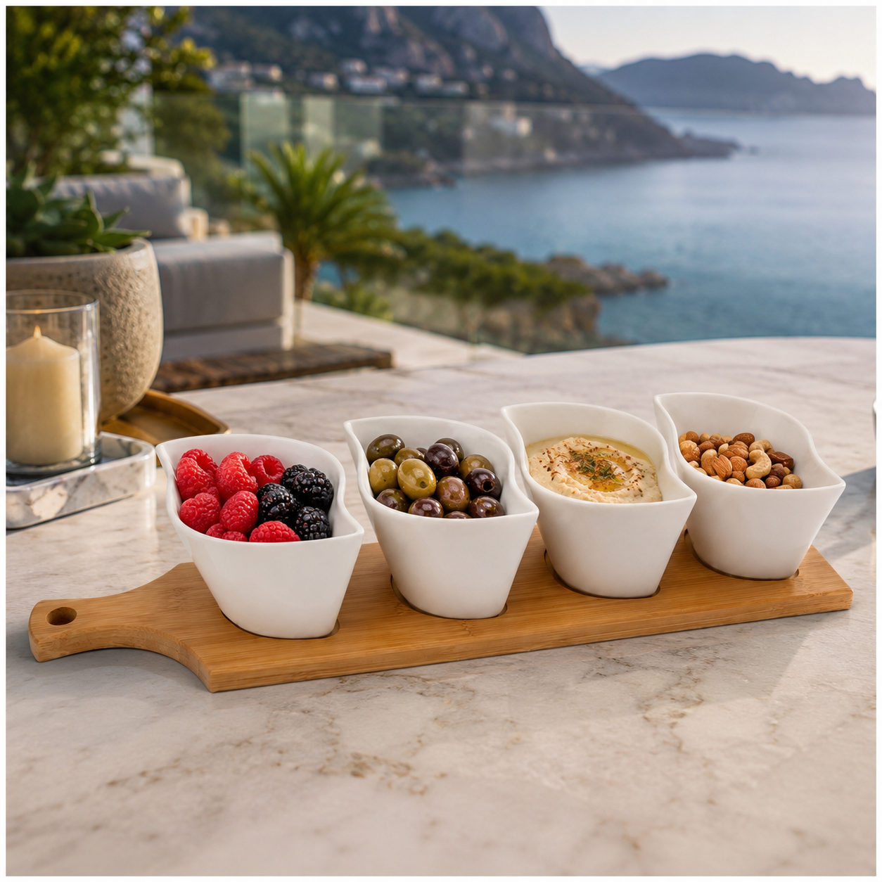 Elegant Ceramic Dipping Bowl Set with Bamboo Serving Paddle Board –