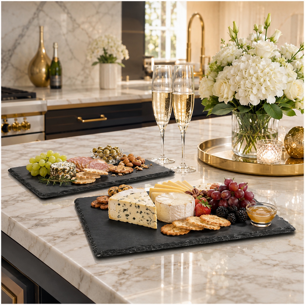 Elegant Two-Piece Natural Stone- Slate Serving Tray Set – 40 x 30cm