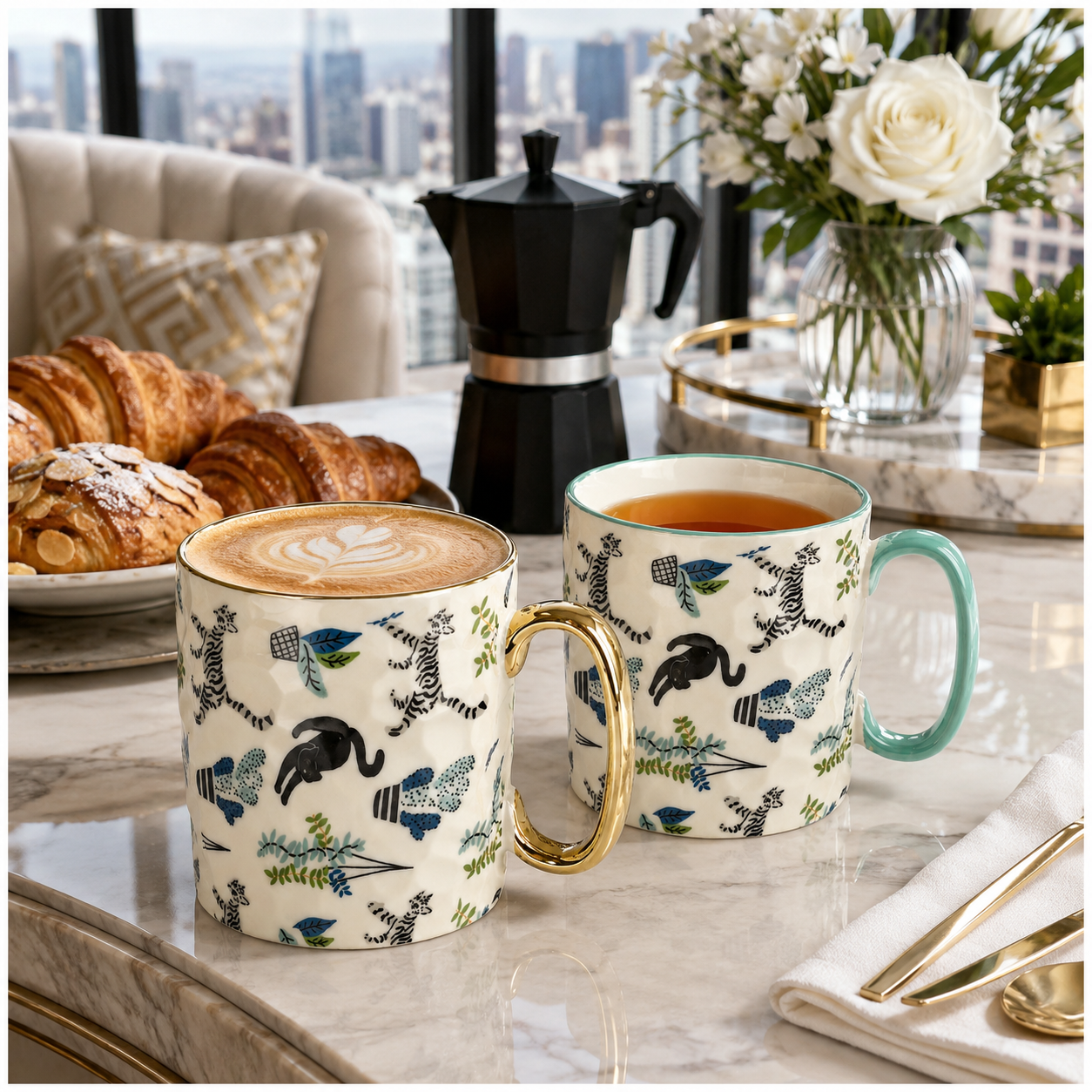 2-Piece Textured Porcelain Coffee Mug Set – 310ml Floral Cat Design