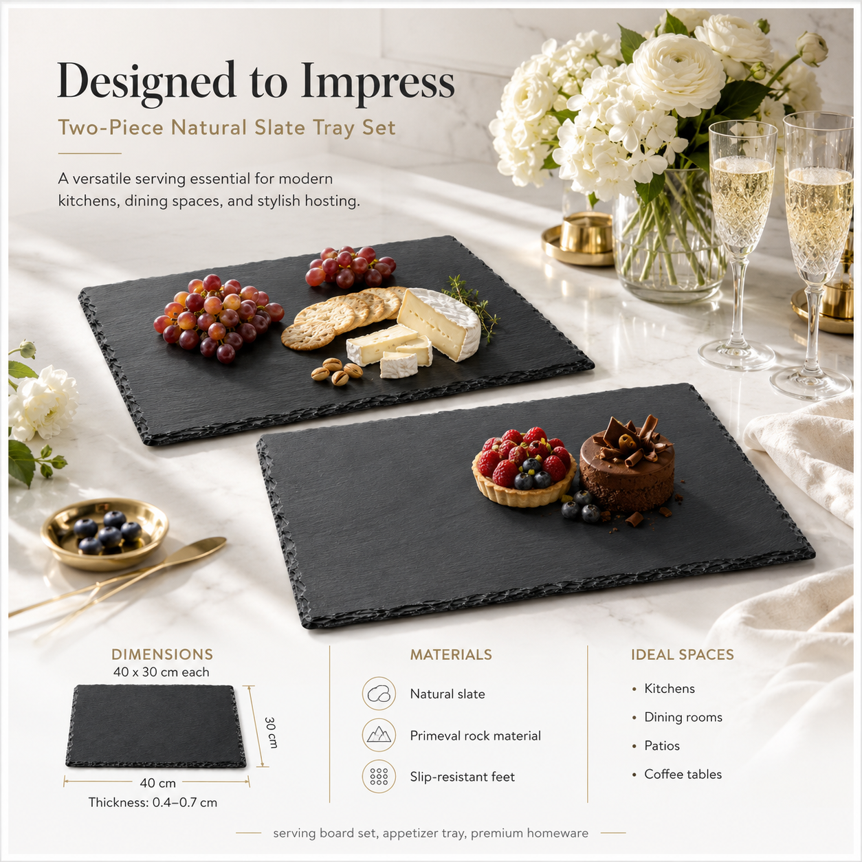 Elegant Two-Piece Natural Stone- Slate Serving Tray Set – 40 x 30cm