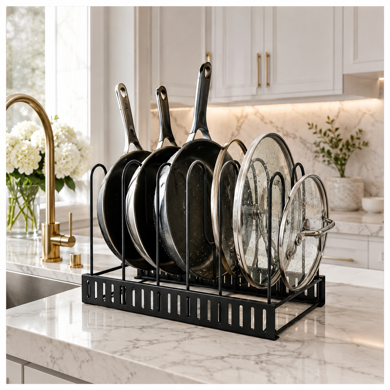 Essential Black Metal Adjustable Cookware Storage Rack-Cookware Organizer