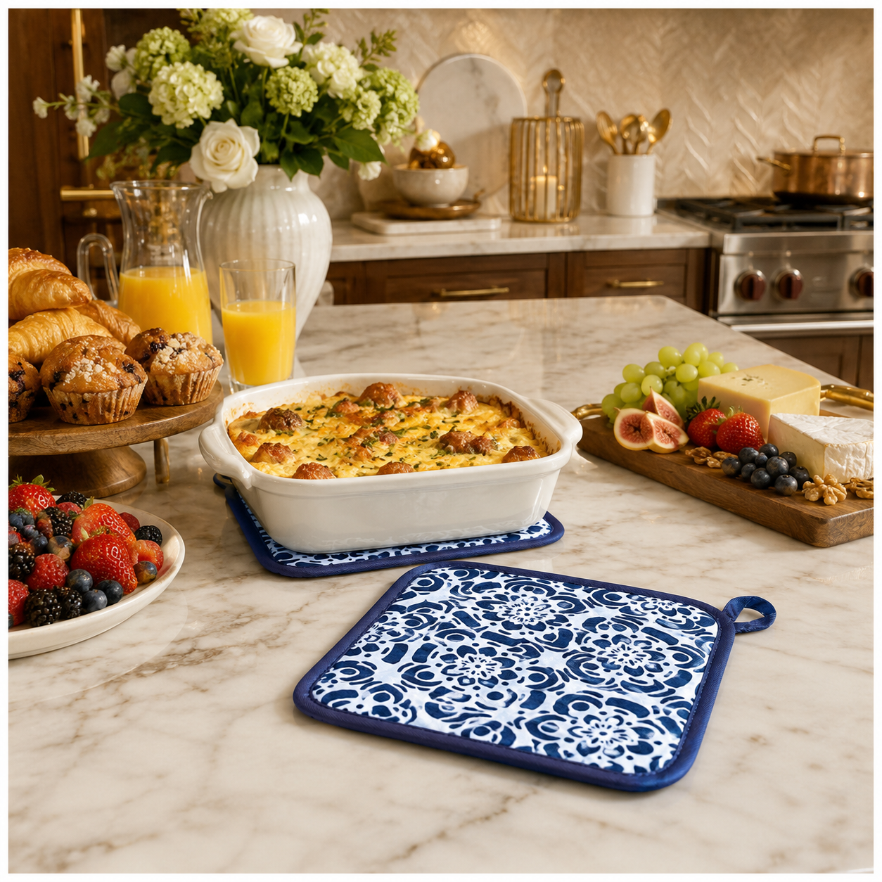 2-Piece Heat-Resistant Cotton Kitchen Potholder Set –Blue and White- 20 cm