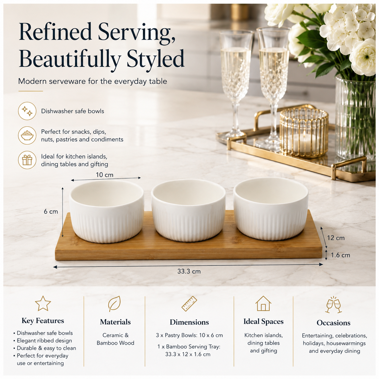 Elegant 4 Piece Bamboo Tray and Ceramic Pastry Bowls -Classic Serveware Set