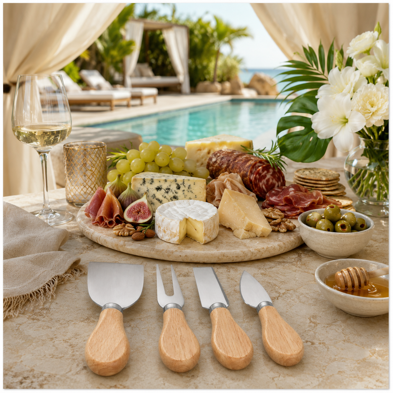 4-Piece Beech Wood Cheese Knife Serving Set - 12 cm