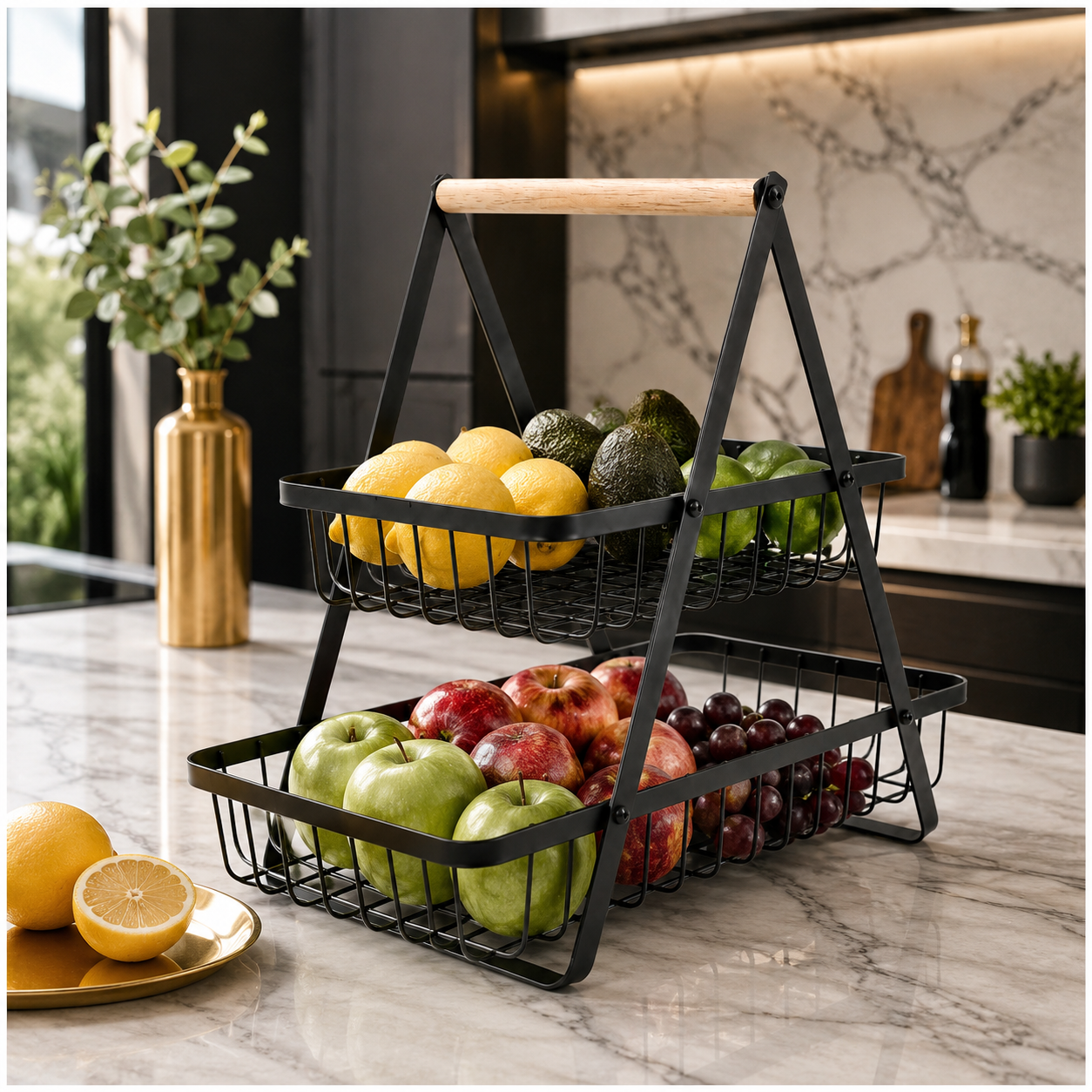 2 Tier Basket Organizer-Rack for Fruits, Vegetables and Everyday Essentials