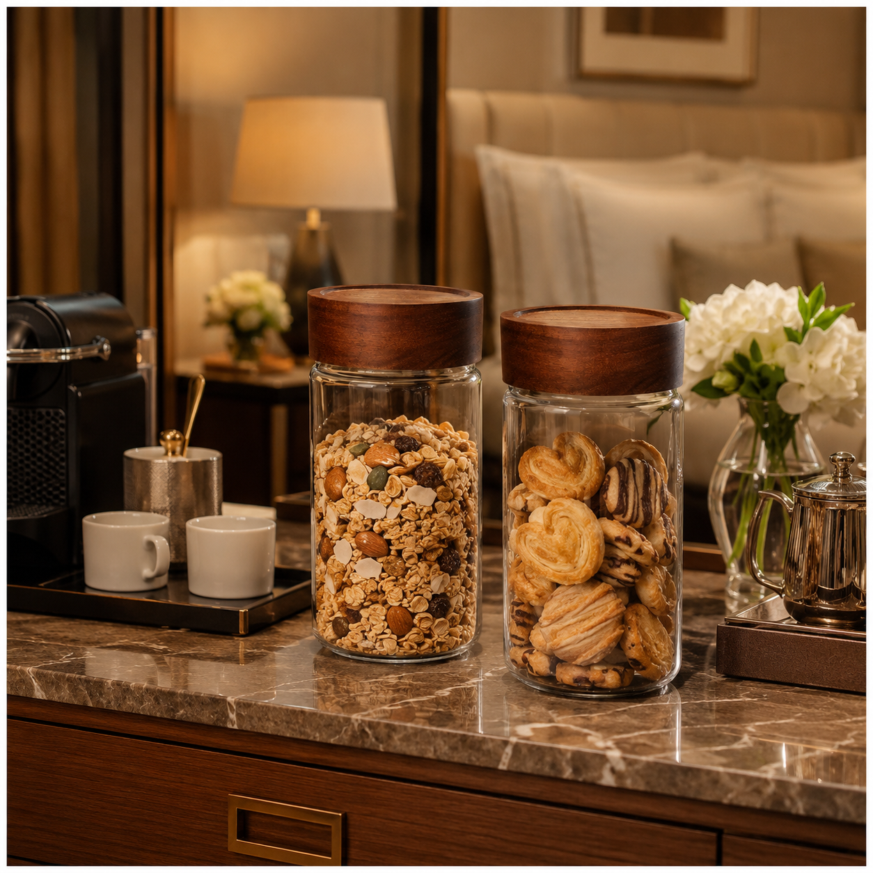 Set of 2 Borosilicate Sealed Glass Jars with Acacia Wood Lids – 580ml Each