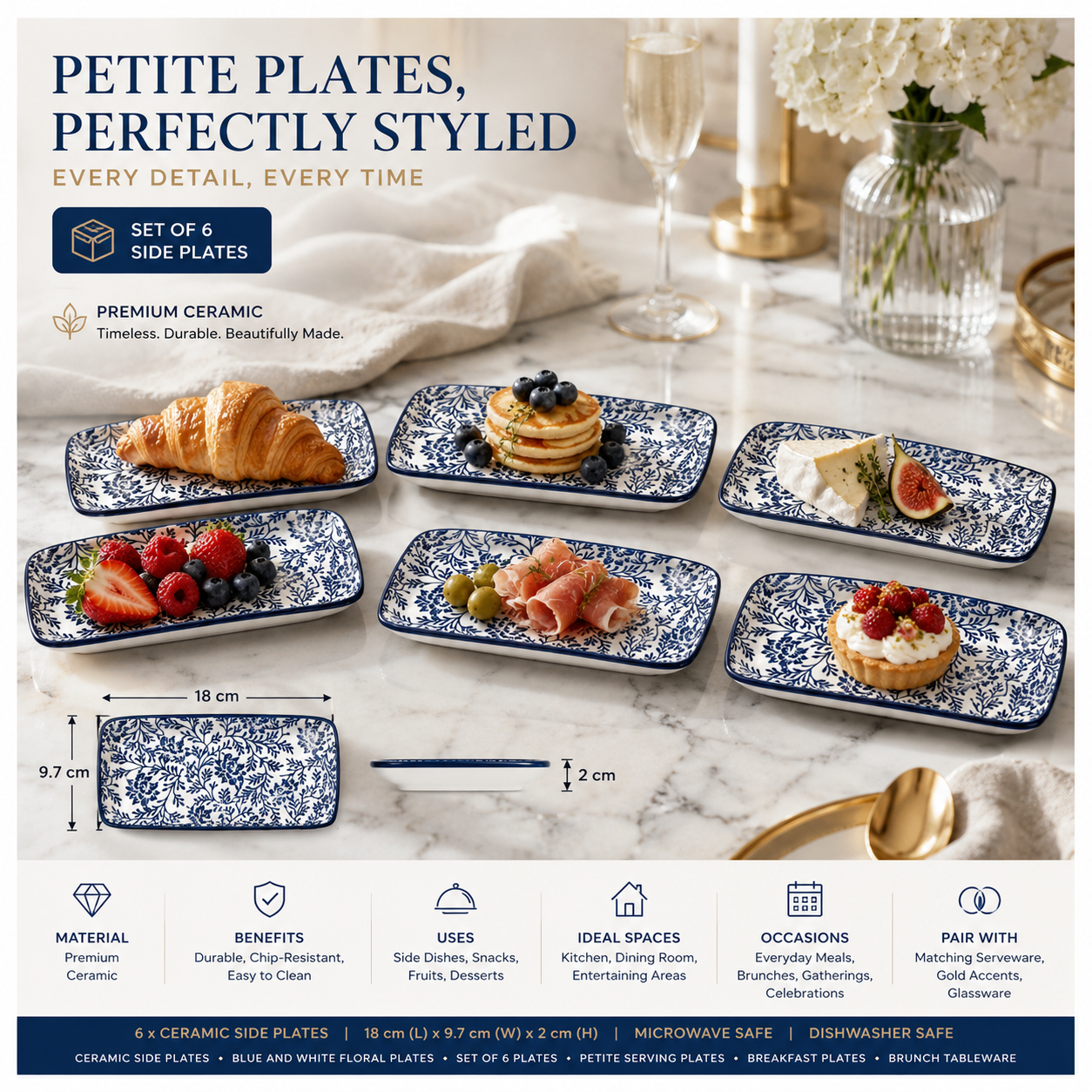 6-Piece Navy Floral Ceramic Side Plates for Luxe Hosting and Everyday Style