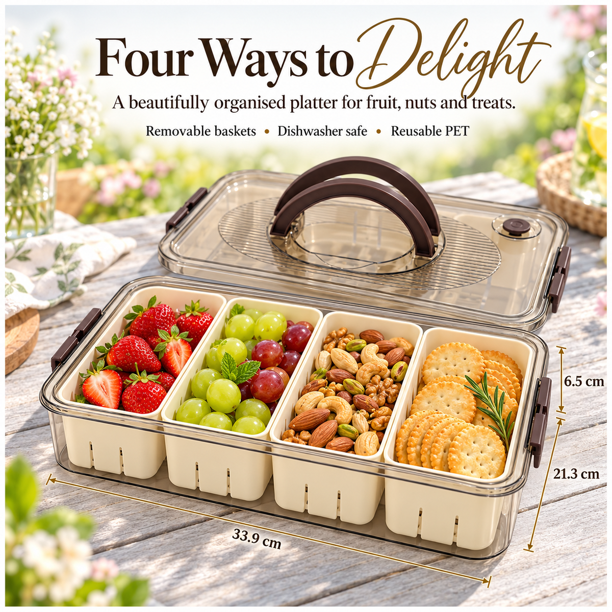 Portable 4-Compartment Snack Platter for Home, Picnics, Parties and Travel