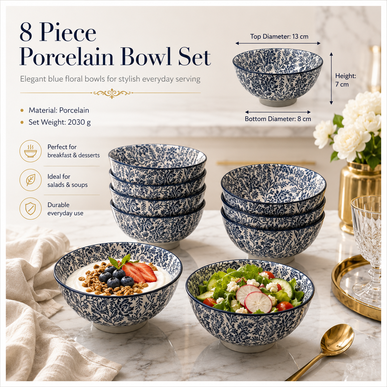 Elegant 8-Piece Blue Floral Porcelain Bowl Set – 13 cm