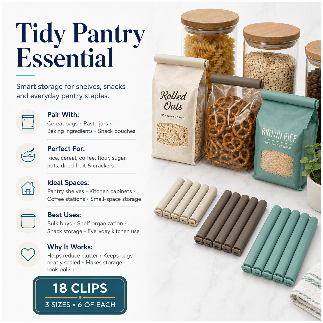 18-Piece Food Sealing Clip Set – 3 Sizes, Reusable Bag Clips for Preserving